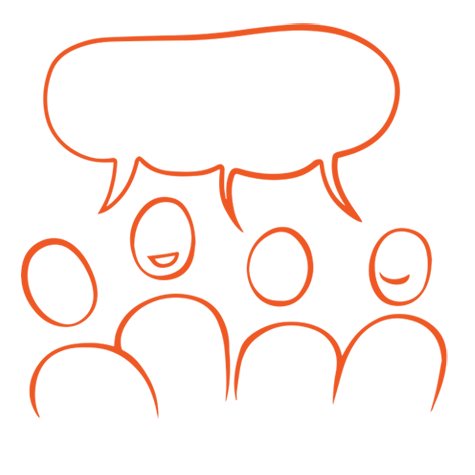 Orange illustration fyra glada figurer f&ouml;r en dialog.