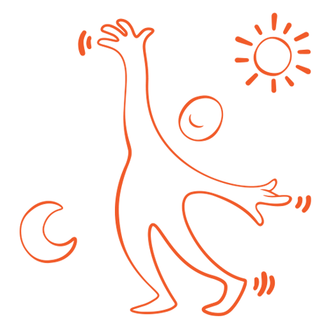 Orange illustration glad figur som str&auml;cker sig mot en illustration av en sol och en m&aring;ne.