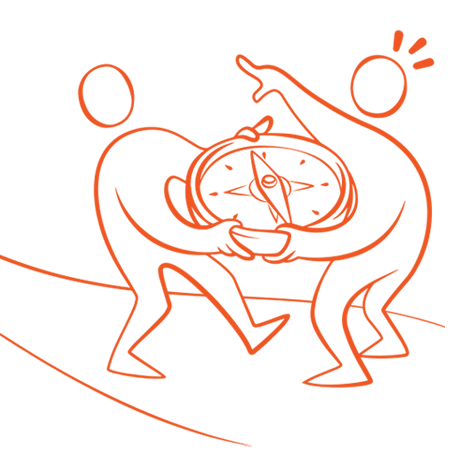 Orange illustration tv&aring; figurer b&auml;r en stor kompass och pekar ut riktningen.
