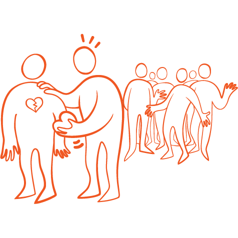 Orange illustration figur som hj&auml;lper en annan utst&ouml;tt figur, i bakgrunden st&aring;r mobbarna.